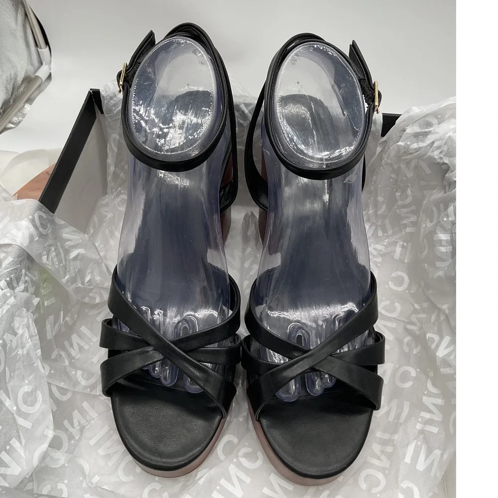 INC International Concepts Jacee Black Wood Grain Platform Sandals Womens‎ 9M
